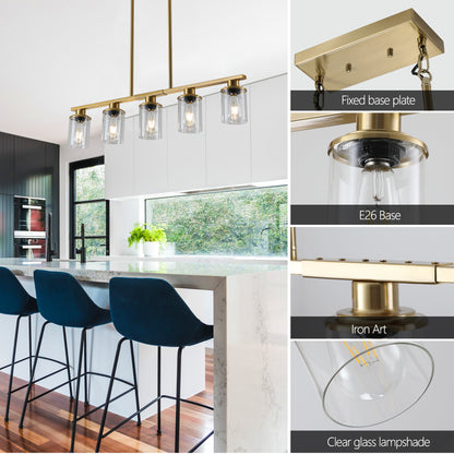 37" Gold Industrial 5-Light Chandelier with Glass Shades - view 4