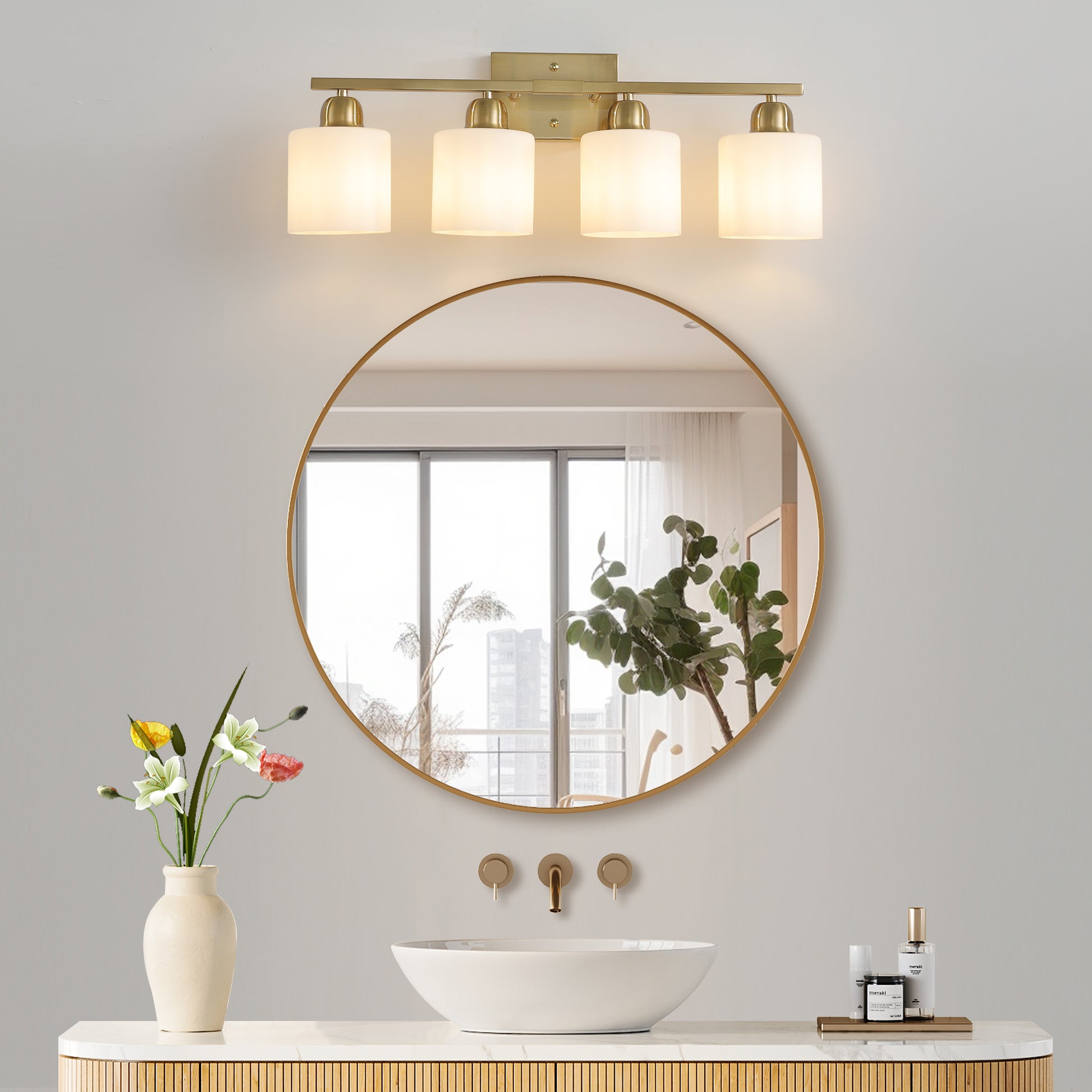 4-Light Gold Vanity Wall Light with Frosted Glass - view 3