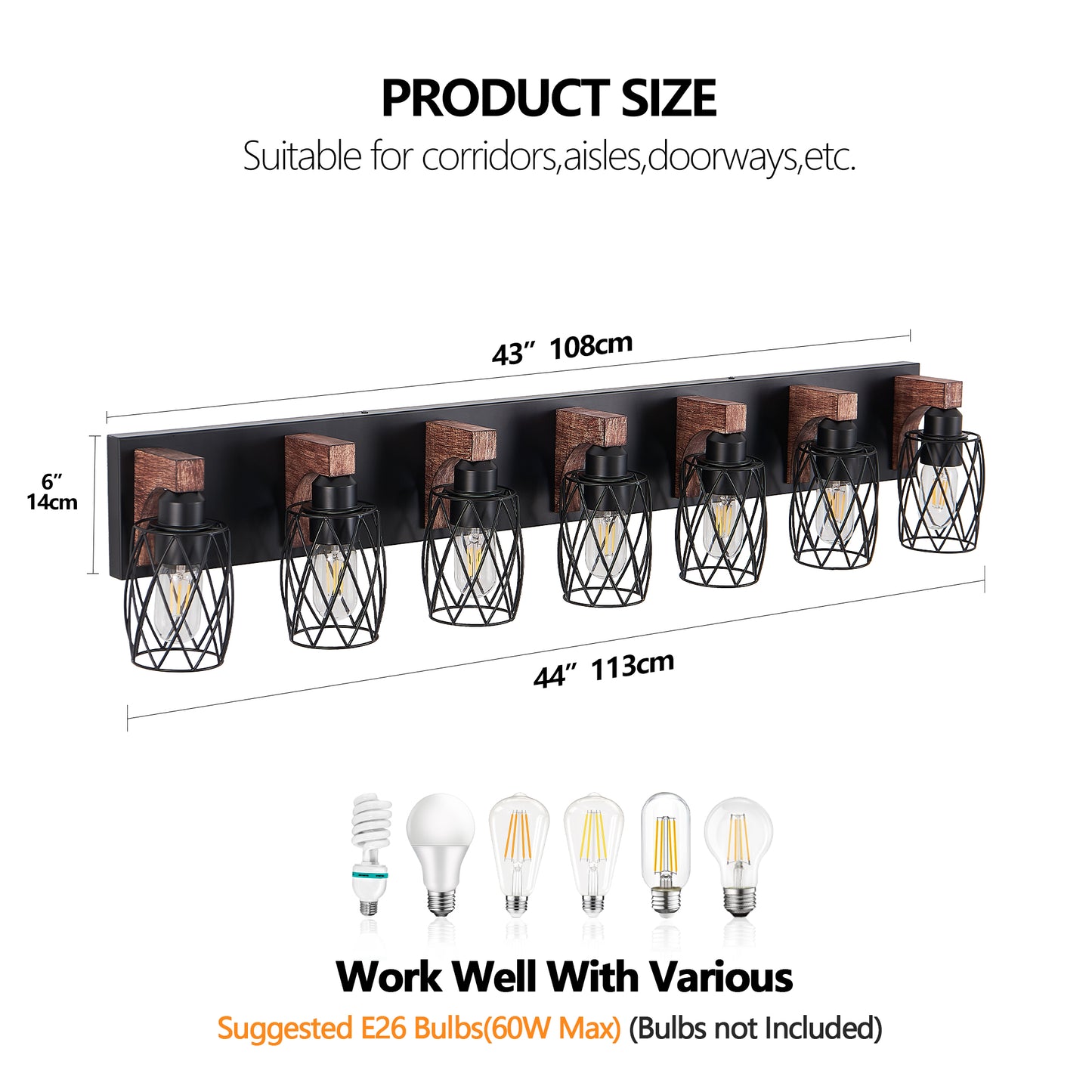 7-Light Black Caged Wall Sconce with Wood Accents - view 8