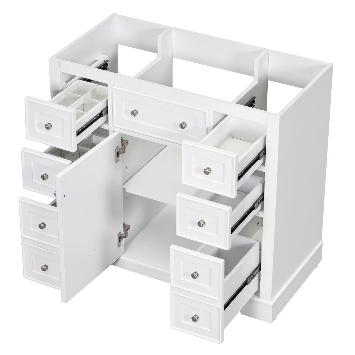 36" White Bathroom Vanity Base with Center Door and 6 Drawers