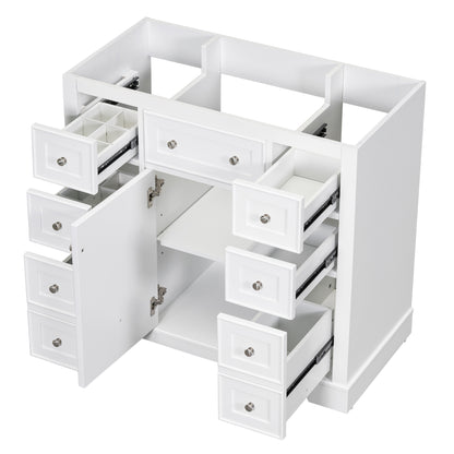 36" White Bathroom Vanity Base with Center Door and 6 Drawers