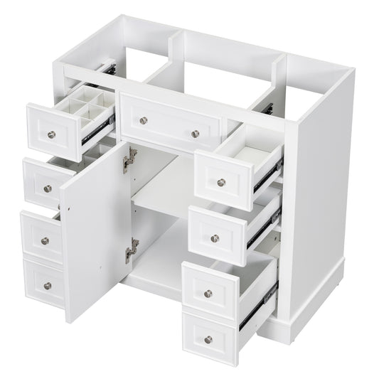 36" White Bathroom Vanity Base with Center Door and 6 Drawers