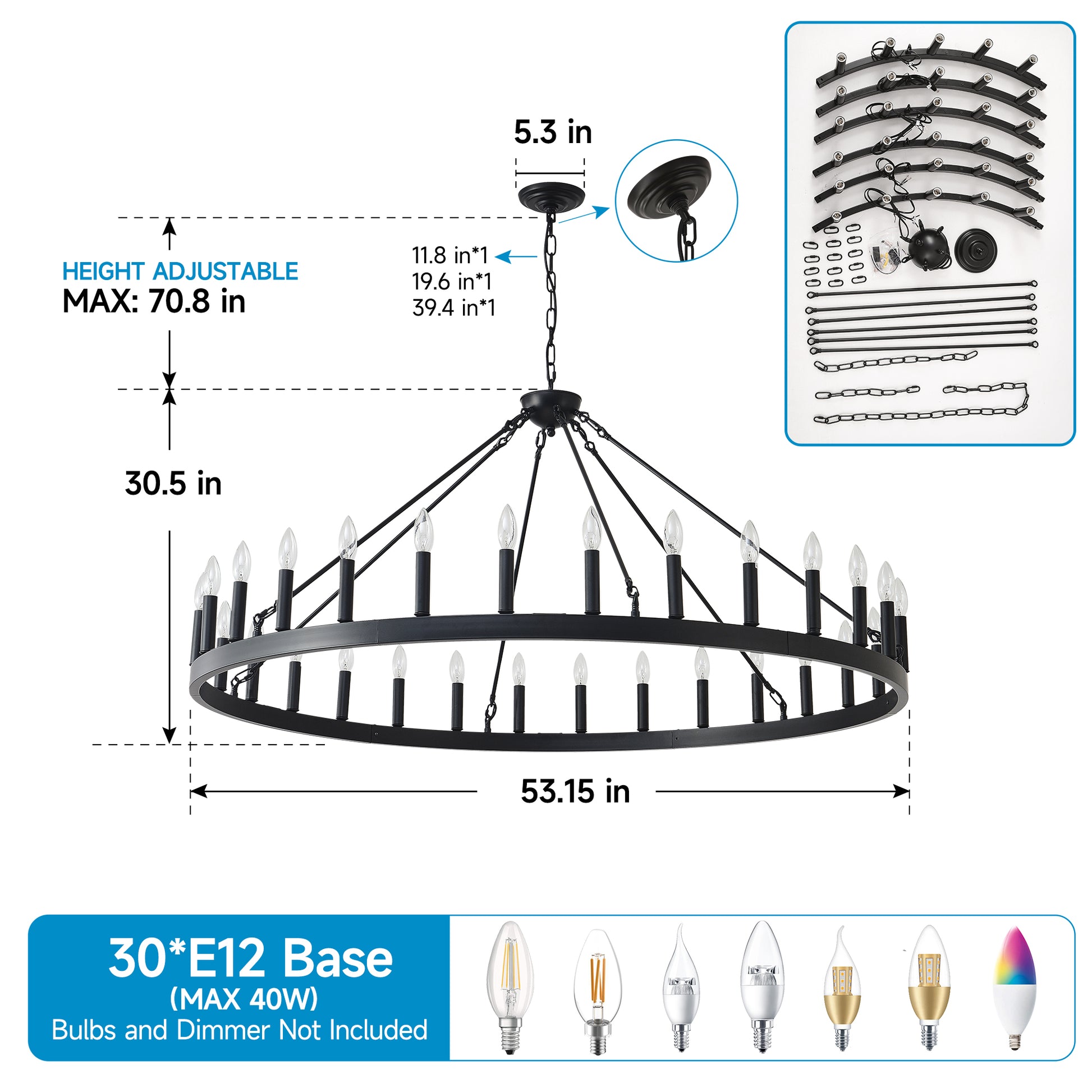 53.15" Matte Black Wagon Wheel Chandelier, 30-Light - view 9