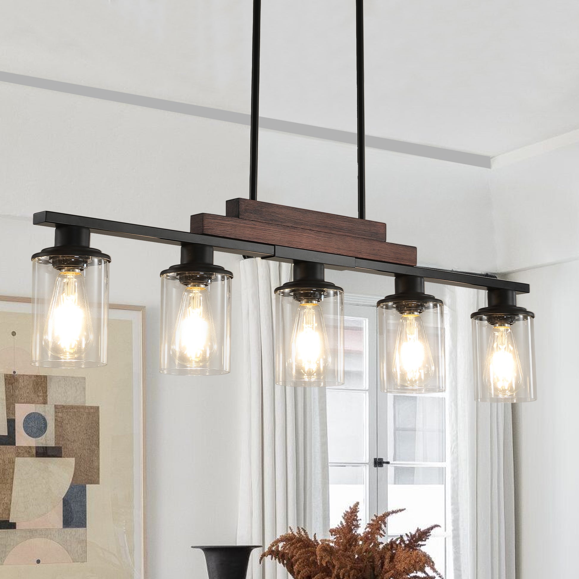 37" 5-Light Walnut Farmhouse Chandelier with Clear Glass - view 4