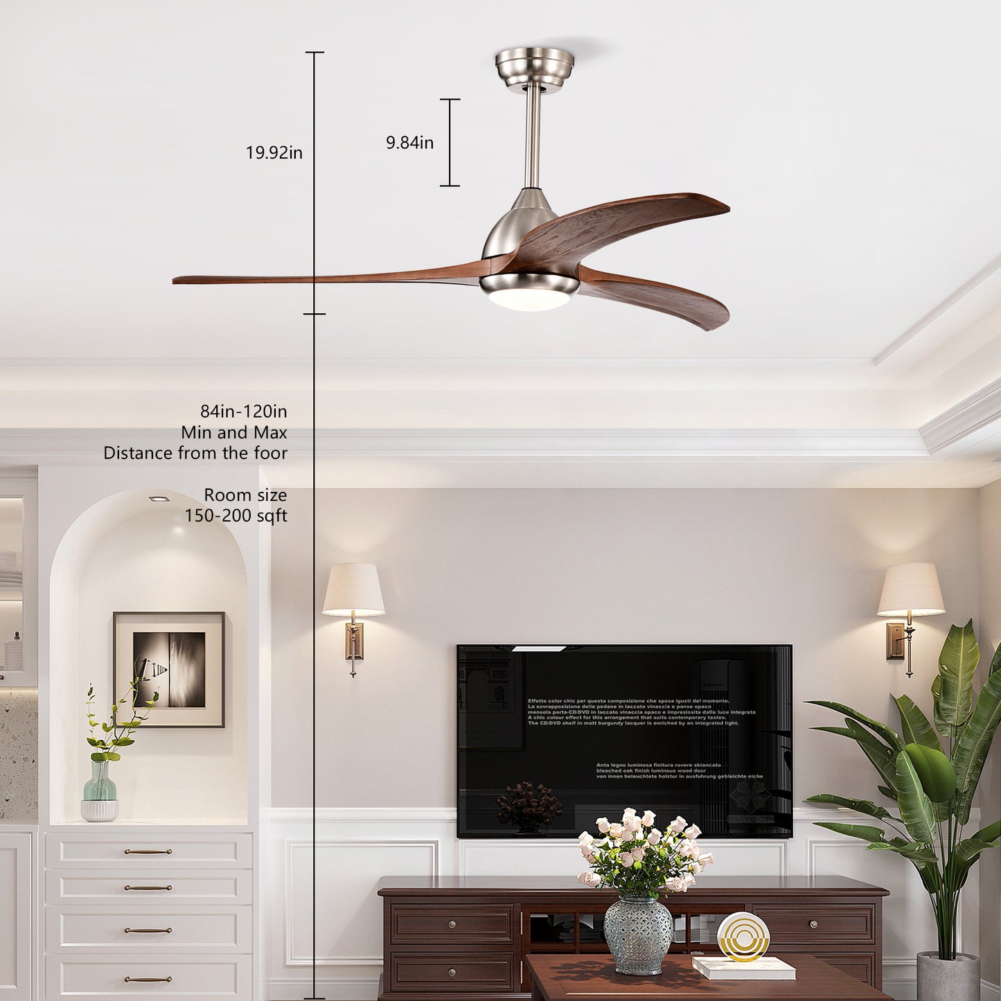 52" Satin Nickel & Walnut Ceiling Fan with Light & Remote - view 5