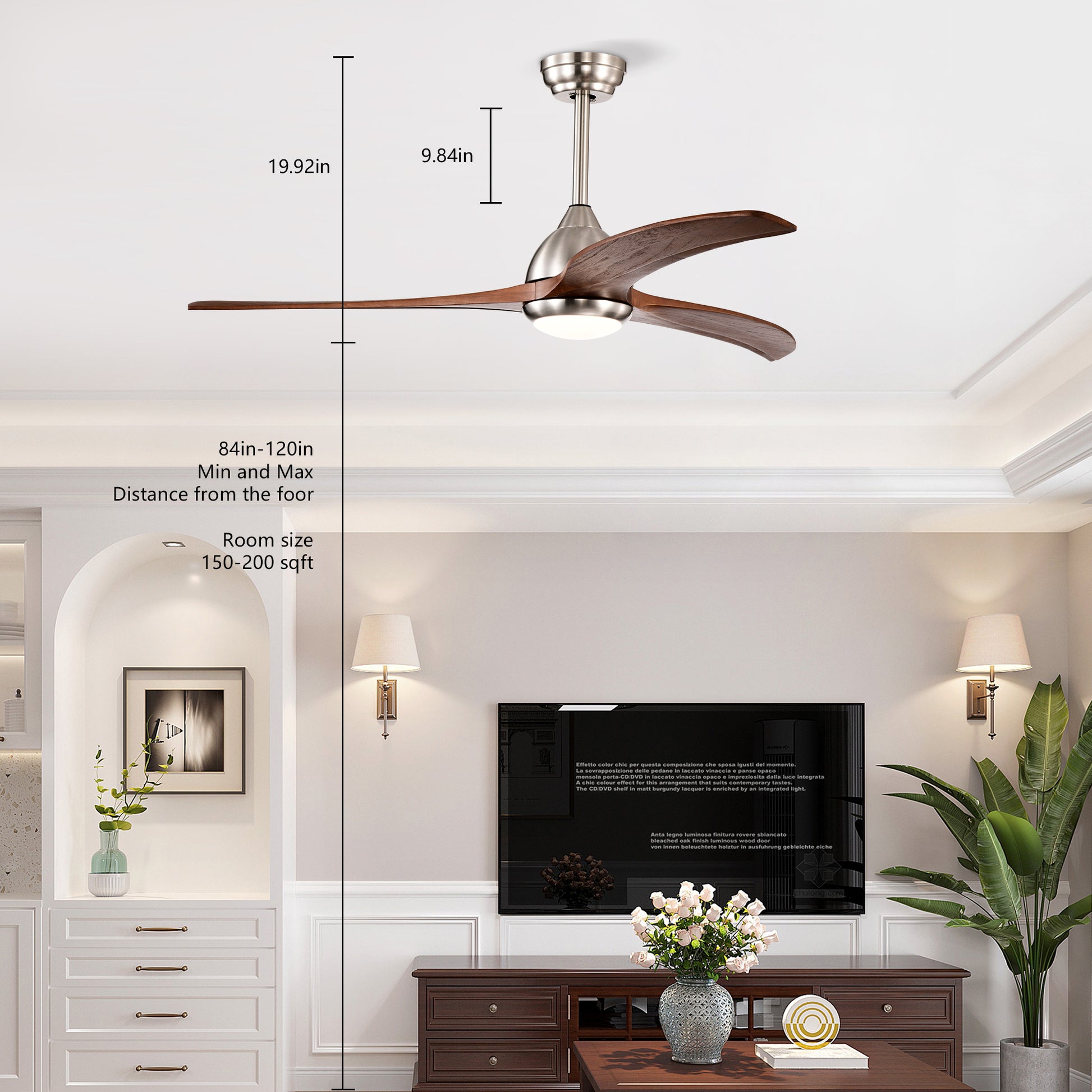 52" Satin Nickel & Walnut Ceiling Fan with Light & Remote - view 5