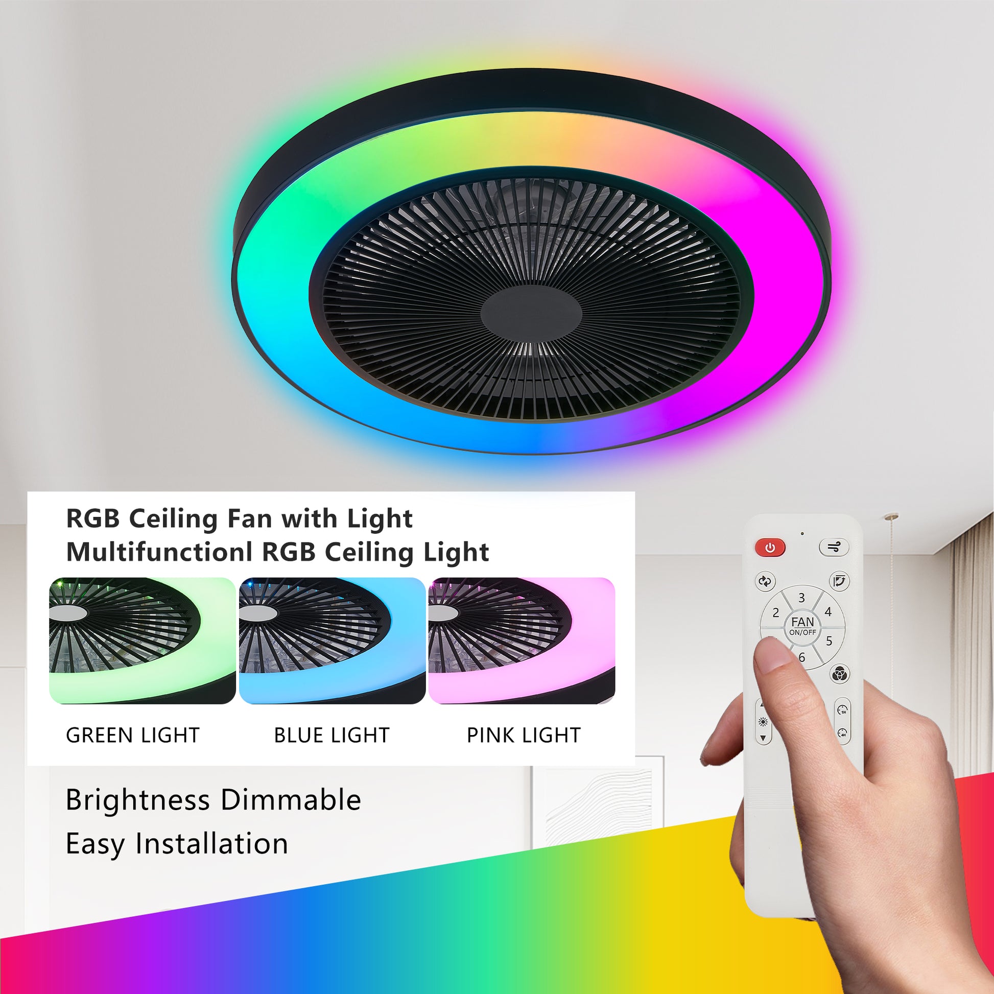 19" Black Ceiling Fan with Dimmable RGB LED & Remote - view 9