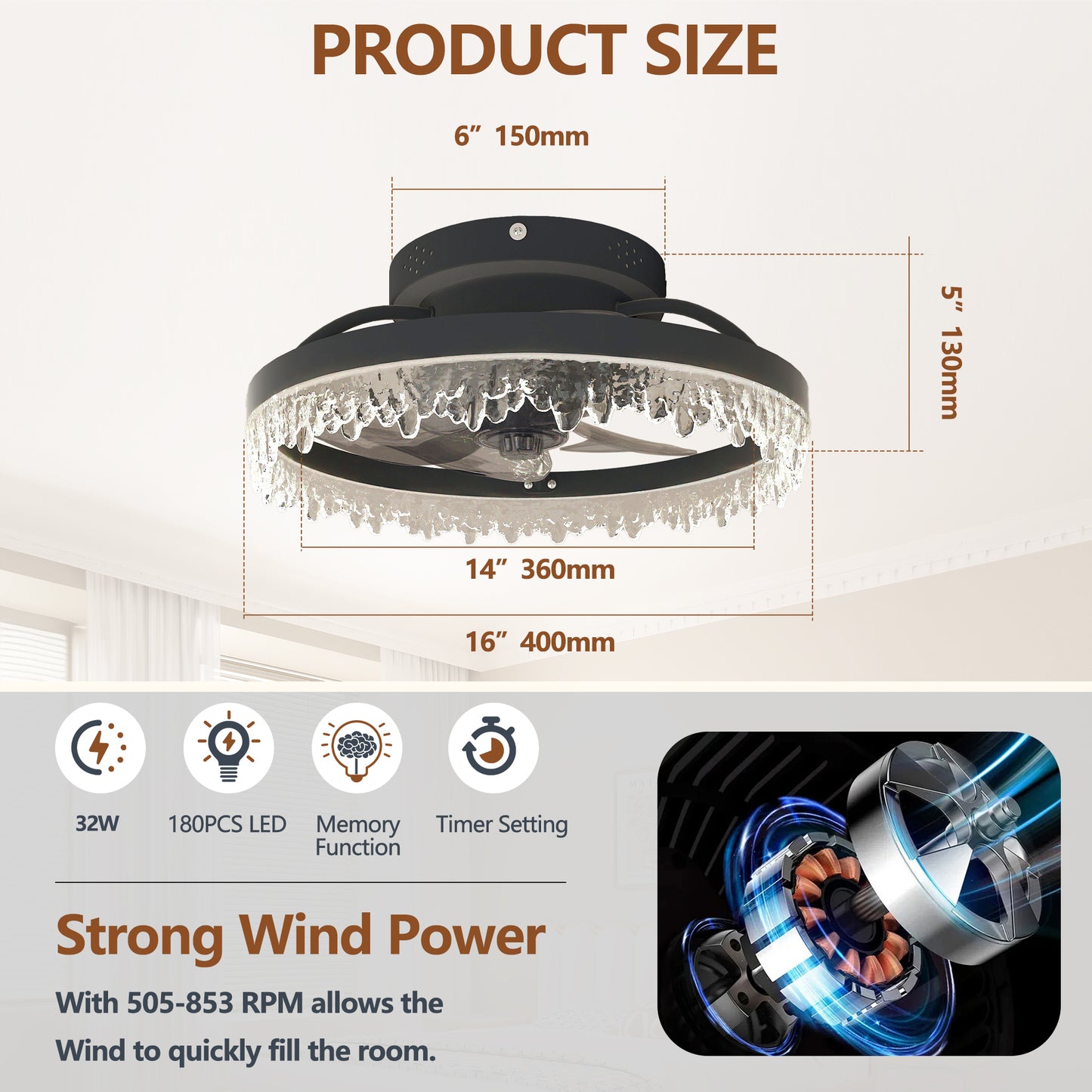 16" Black Flush Mount Ceiling Fan with Dimmable LED - view 7