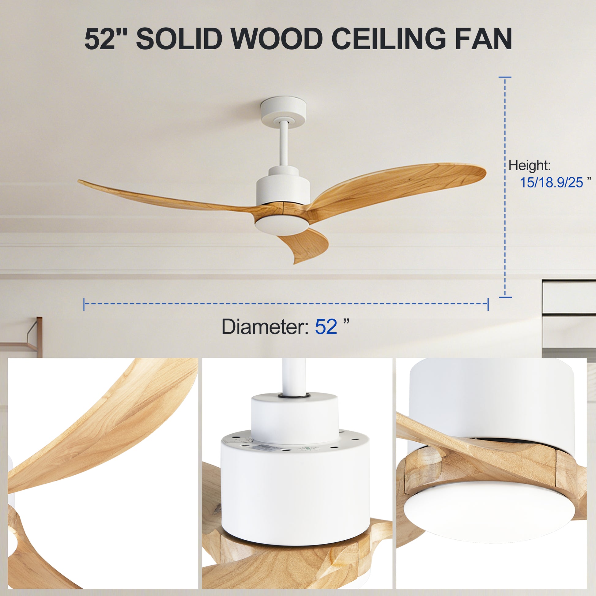 52" White & Natural Wood Ceiling Fan with Dimmable LED - view 17
