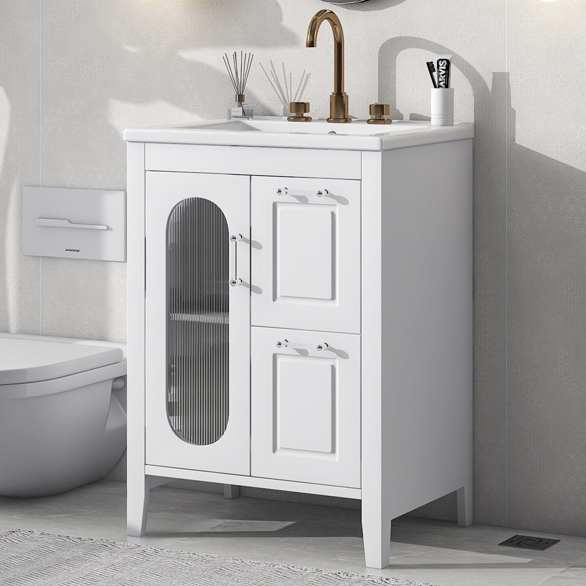 24" White Bathroom Vanity with Sink and Reeded Glass Door