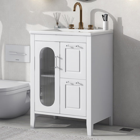 24" White Bathroom Vanity with Sink and Reeded Glass Door