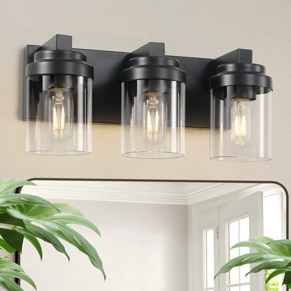 3-Light Matte Black Vanity Light with Clear Glass Shades