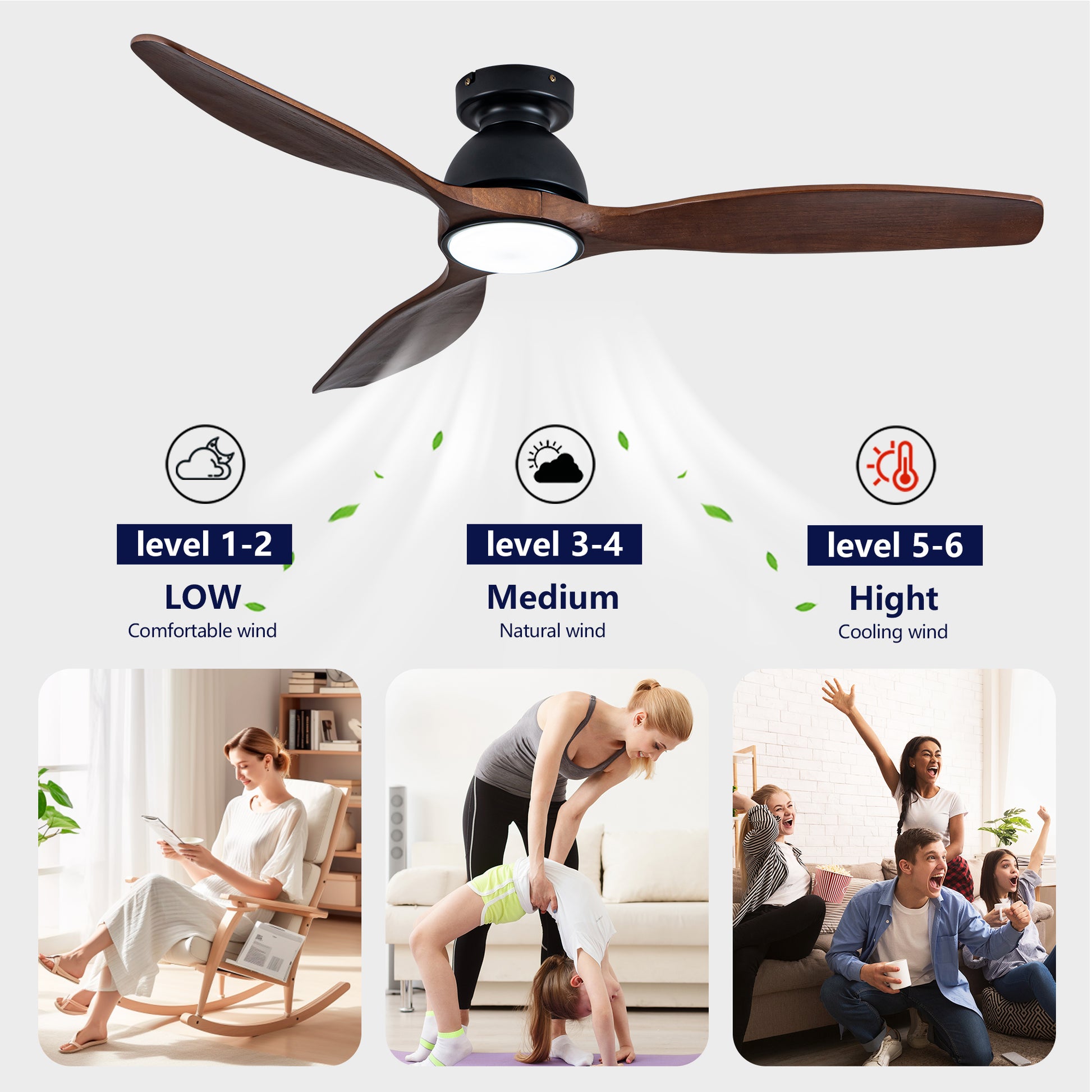 52" Matte Black Flush Mount Wood Ceiling Fan with Remote - view 12