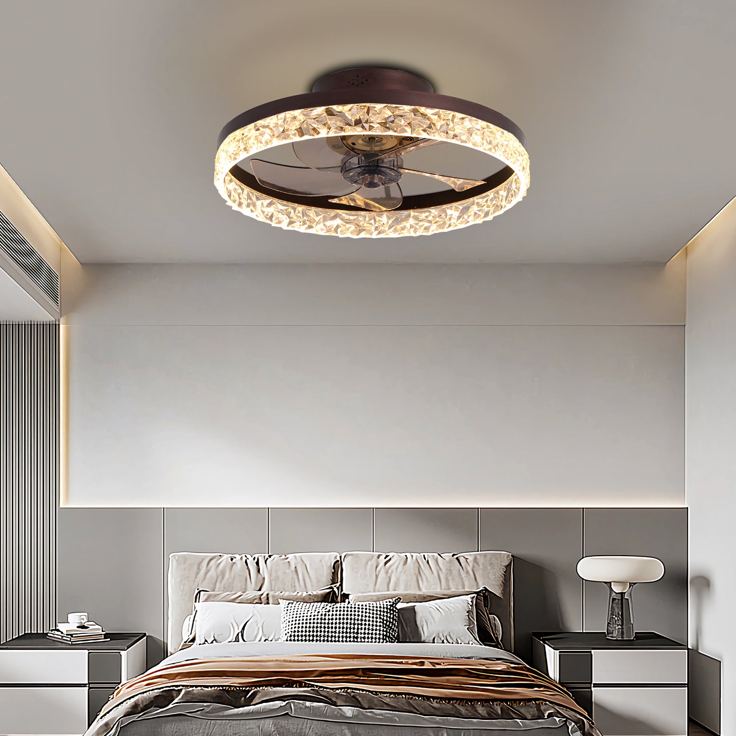 19.7" Brown Flush Mount Ceiling Fan with Dimmable LED