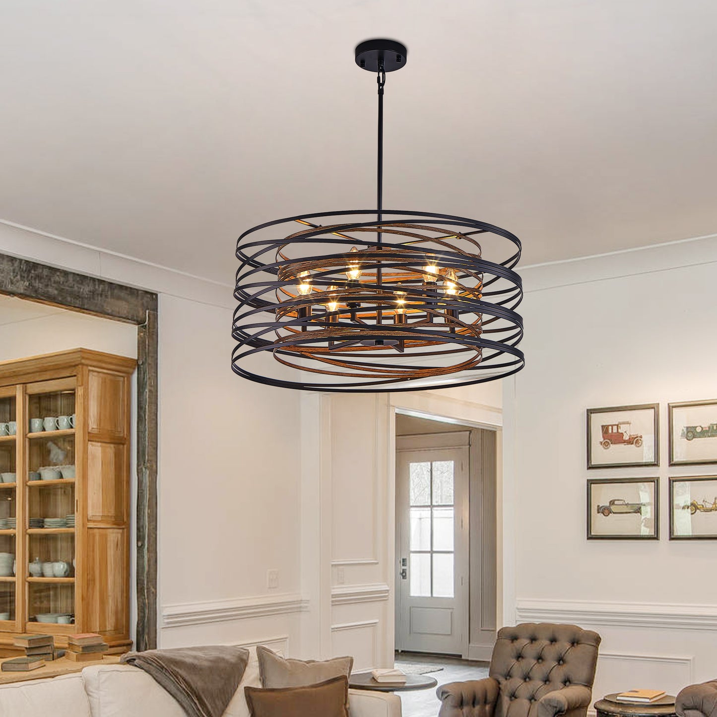 24" 6-Light Black & Walnut Caged Chandelier - view 4
