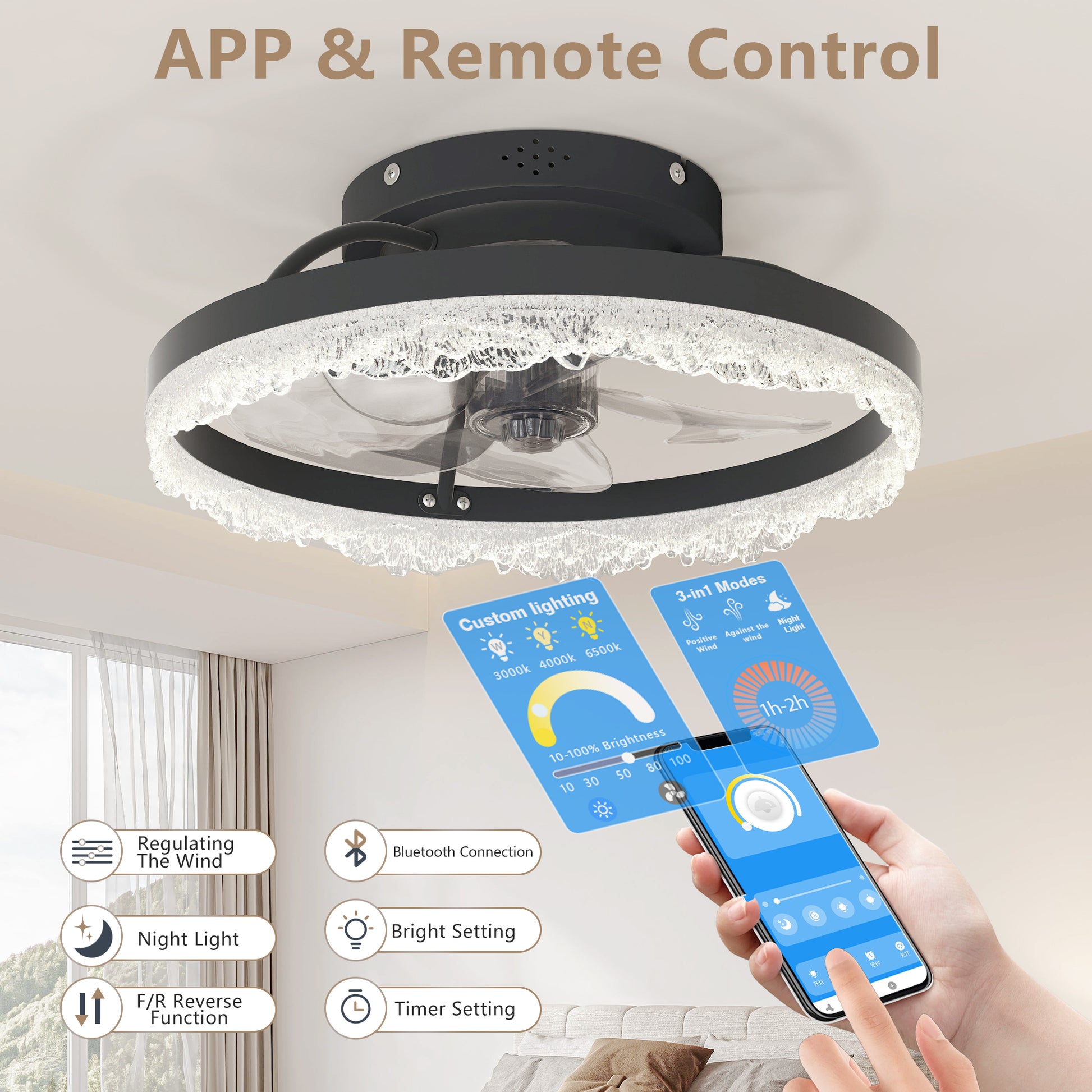 16" Black Crystal Ring Flush Mount Ceiling Fan with Remote - view 4