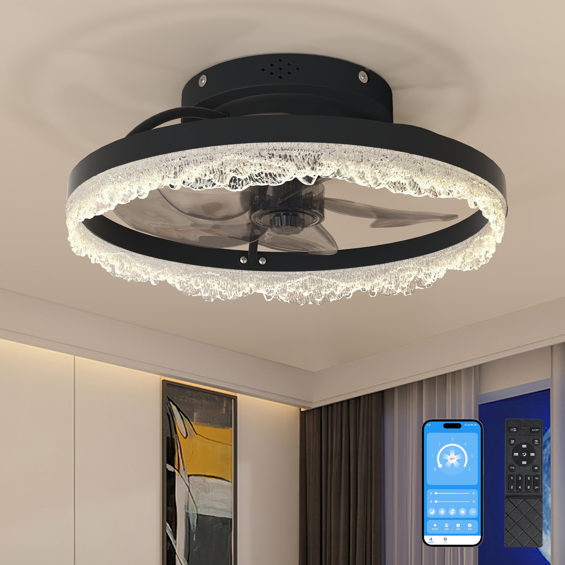 16" Black Crystal Ring Flush Mount Ceiling Fan with Remote