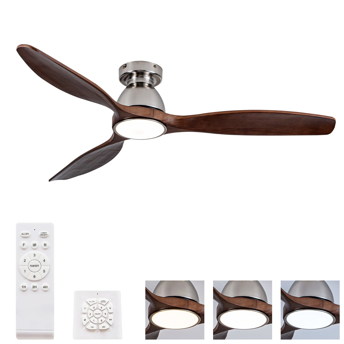 52" Walnut Solid Wood Flush Mount Ceiling Fan