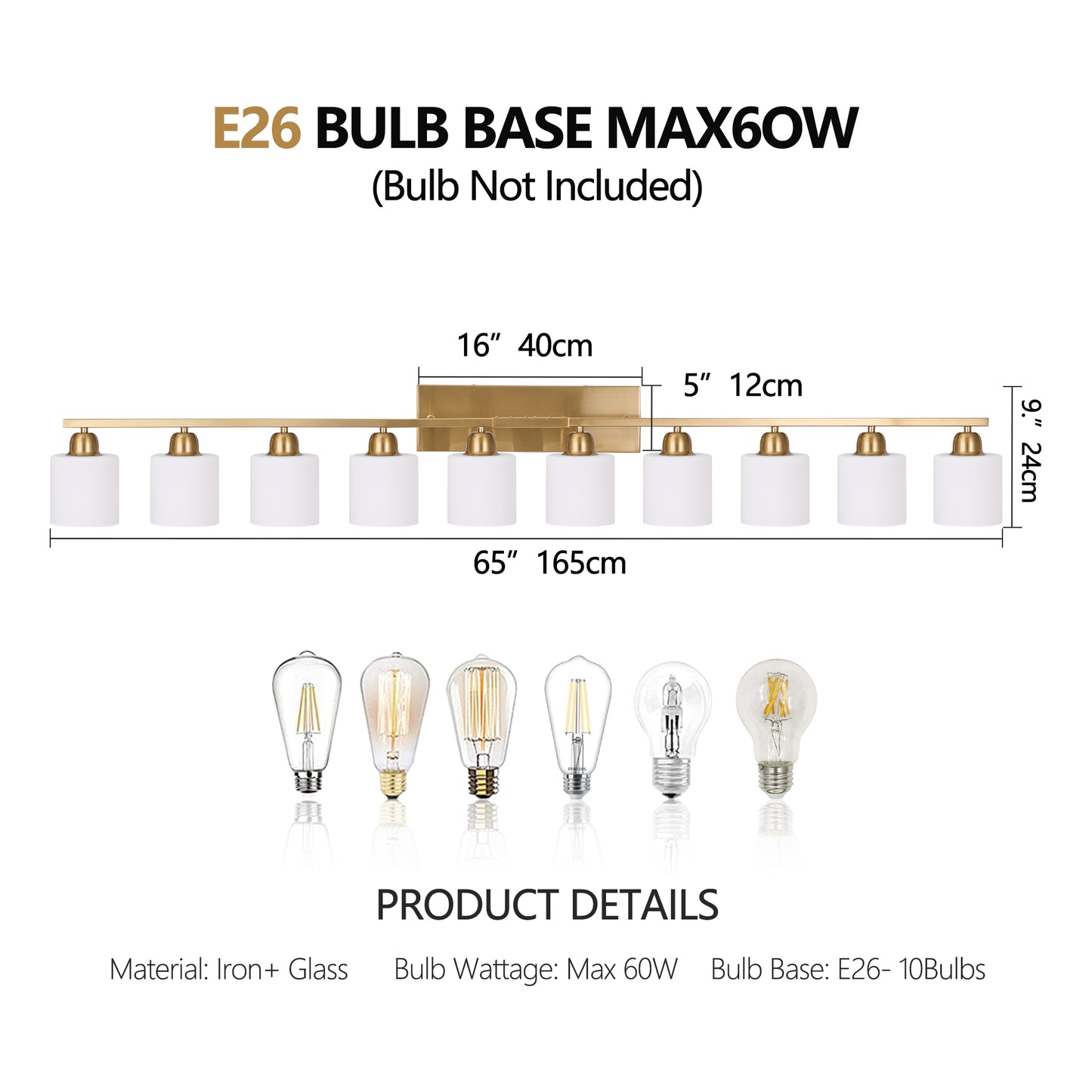 65" Gold Vanity Light with Milky White Glass - view 8