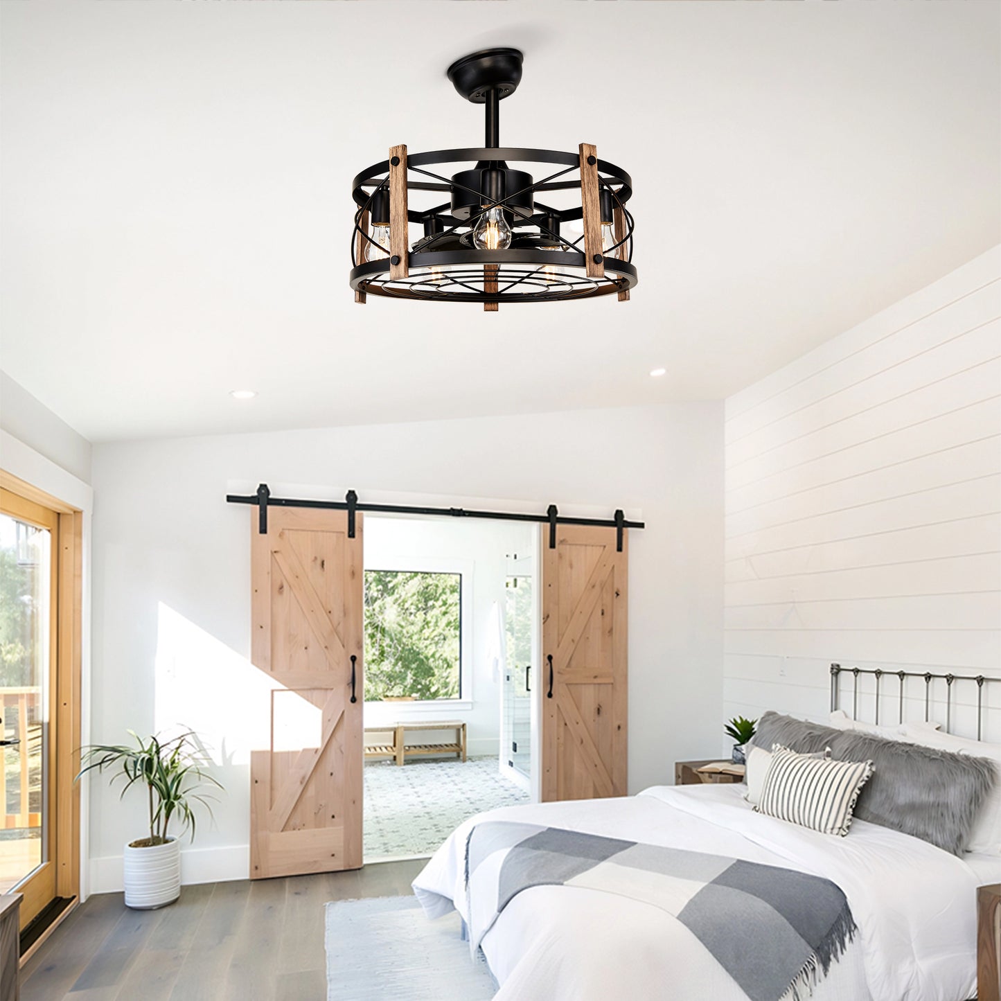 20" Matte Black Caged Chandelier Ceiling Fan with Remote - view 3