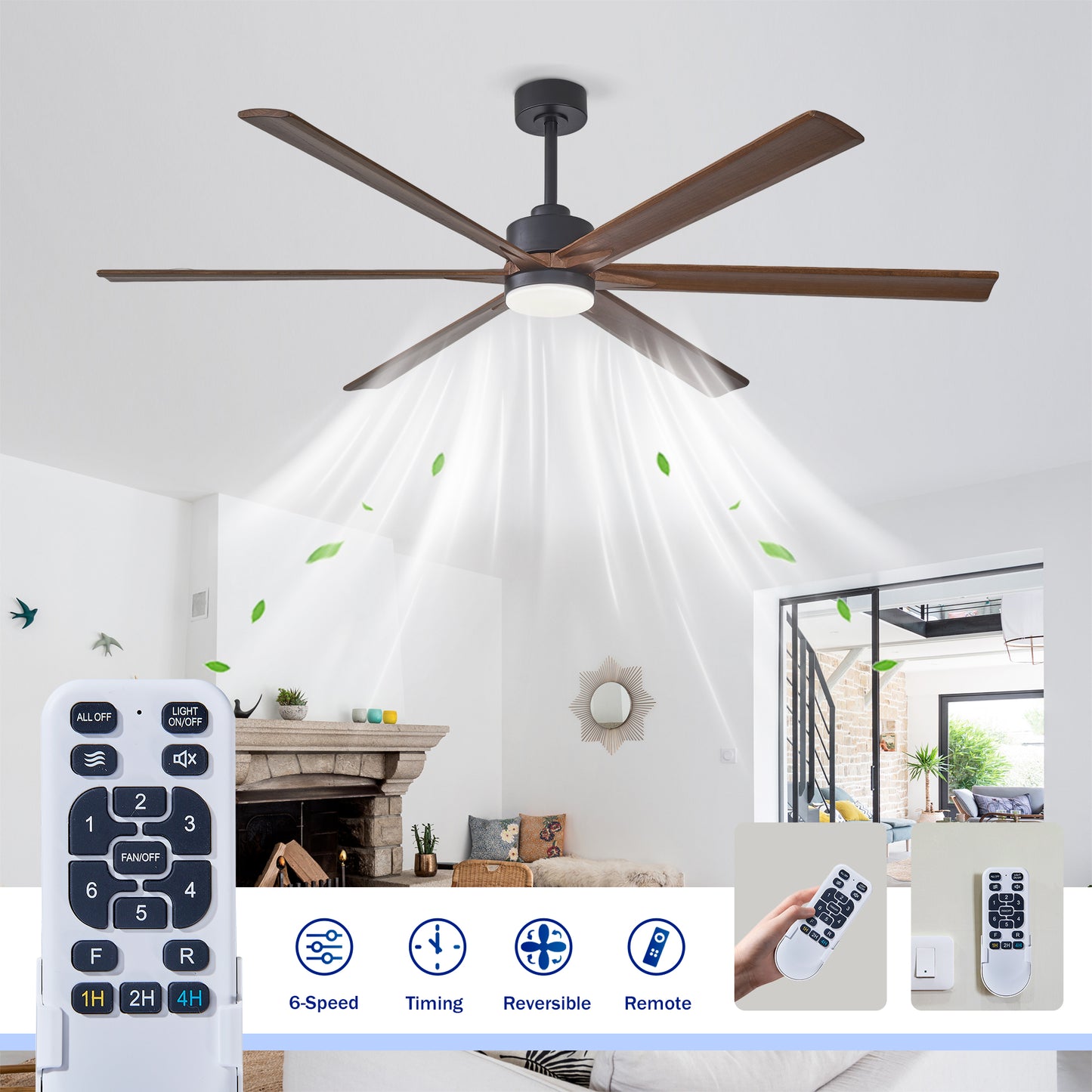 70" Matte Black & Walnut Solid Wood Ceiling Fan - view 10
