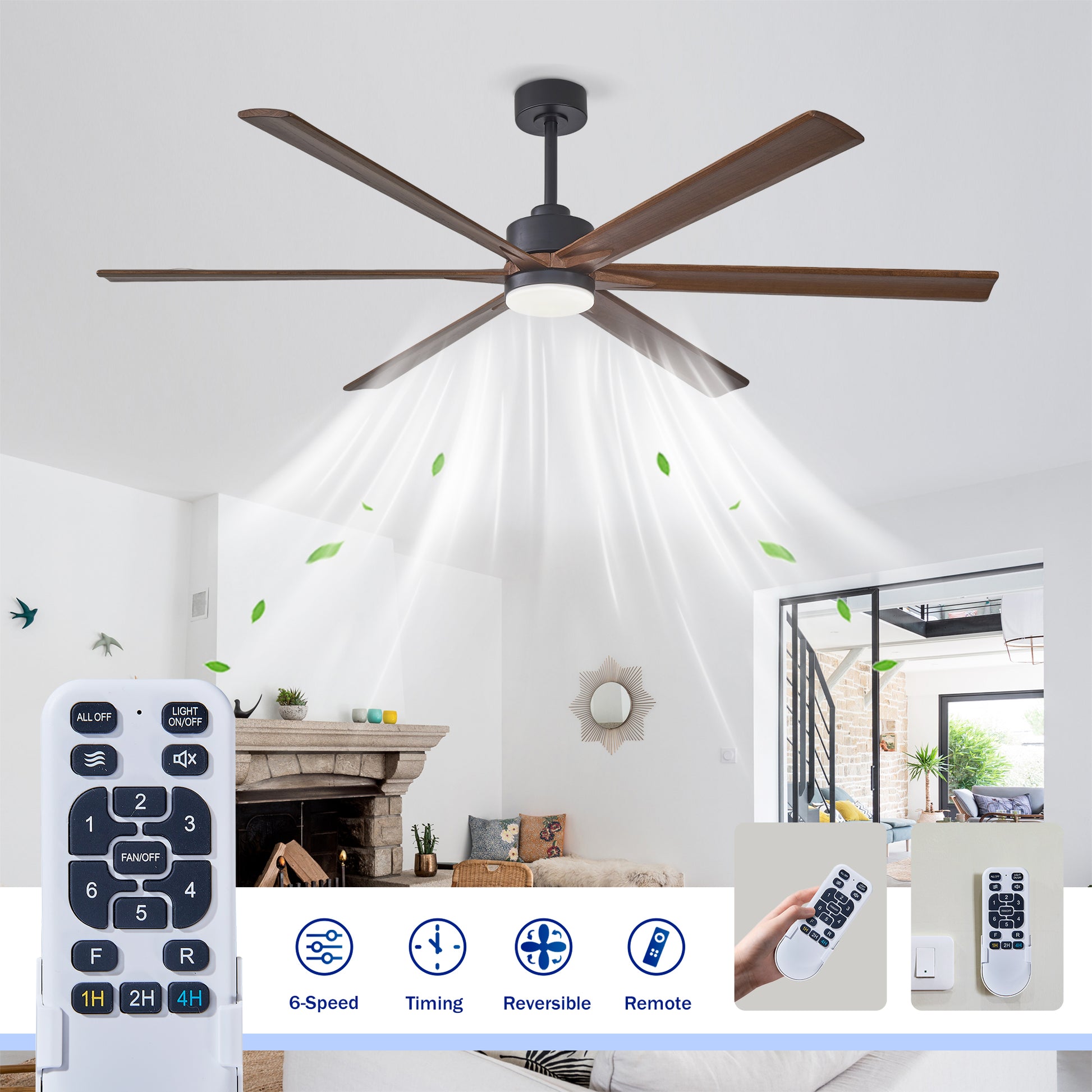 70" Matte Black & Walnut Solid Wood Ceiling Fan - view 10
