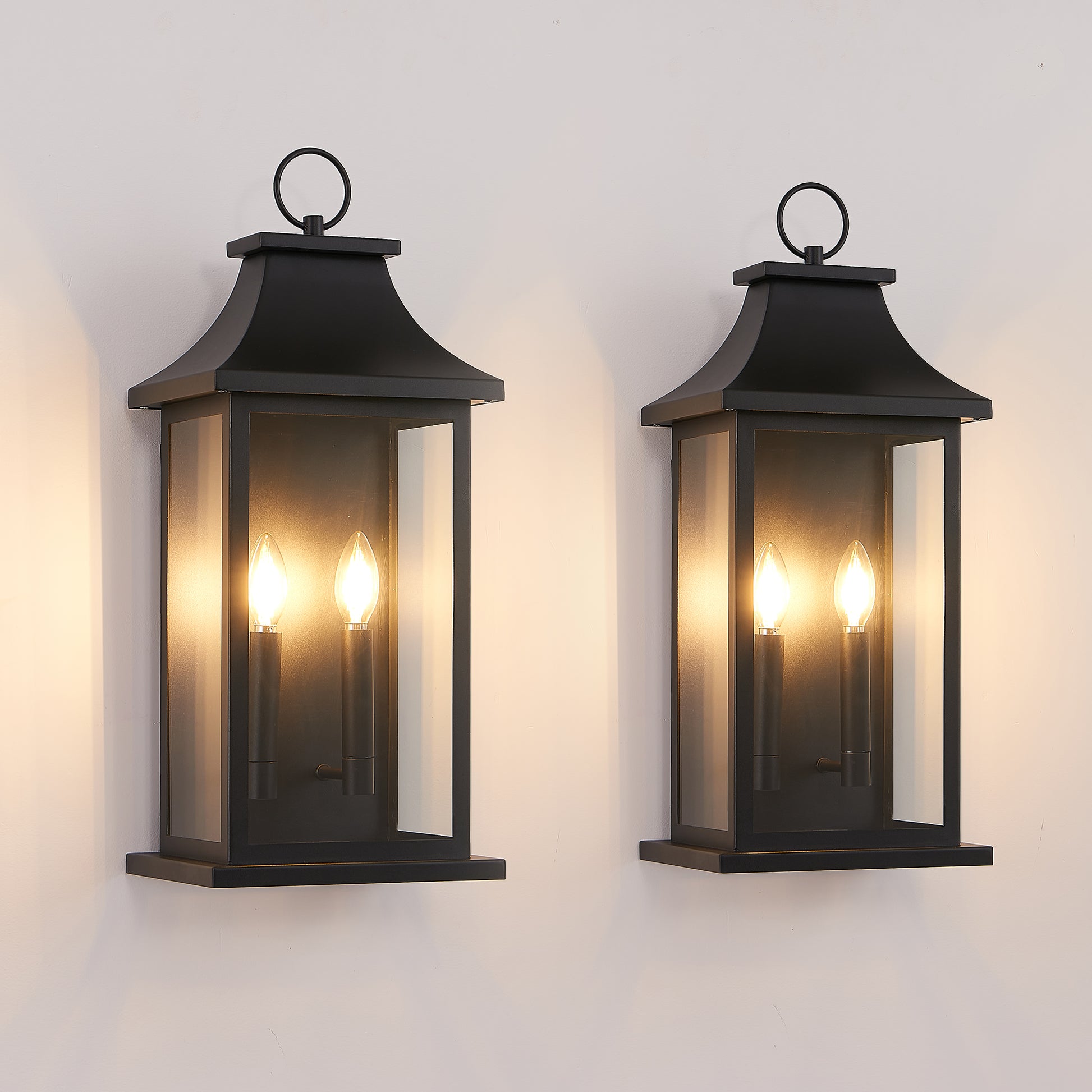 22" Black Outdoor Wall Lantern, Set of 2