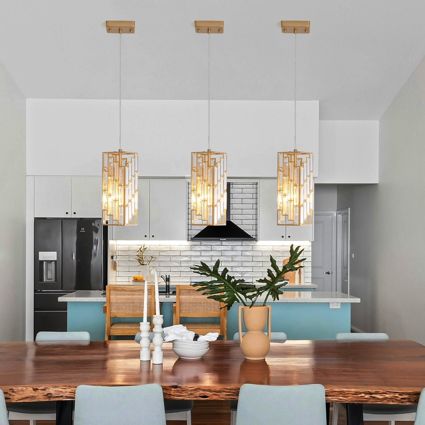 4" Gold Crystal Prism Pendant Light, Set of 3