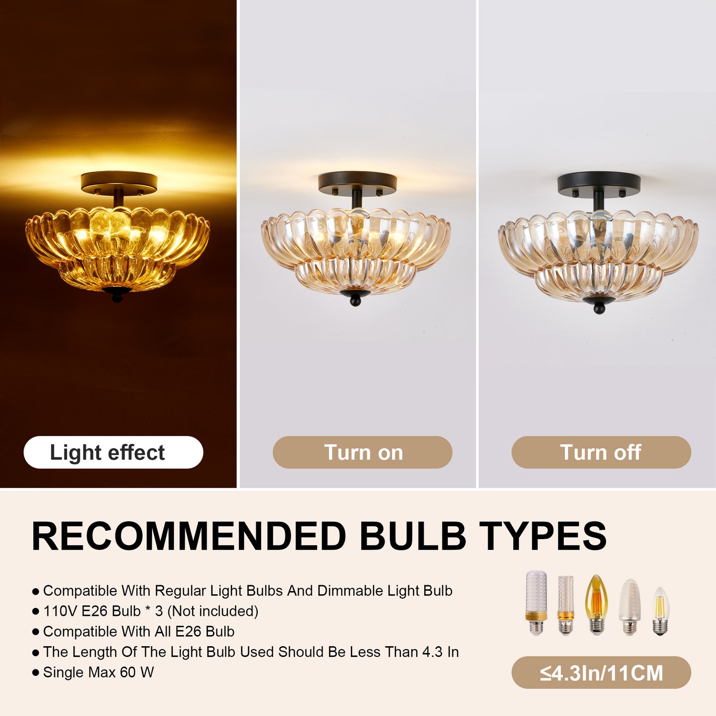 3-Light Black Semi Flush Ceiling Light with Amber Glass - view 6