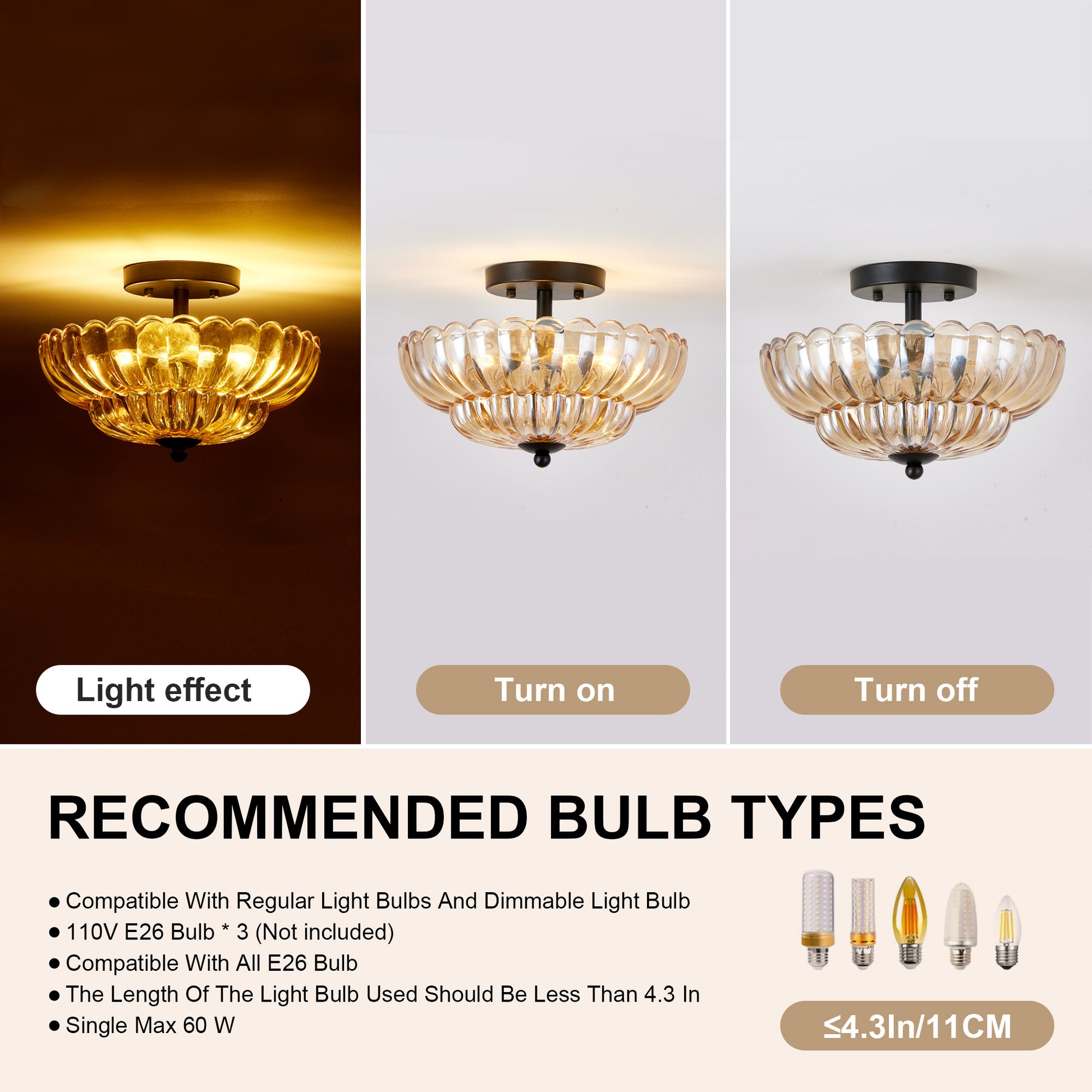 3-Light Black Semi Flush Ceiling Light with Amber Glass - view 6