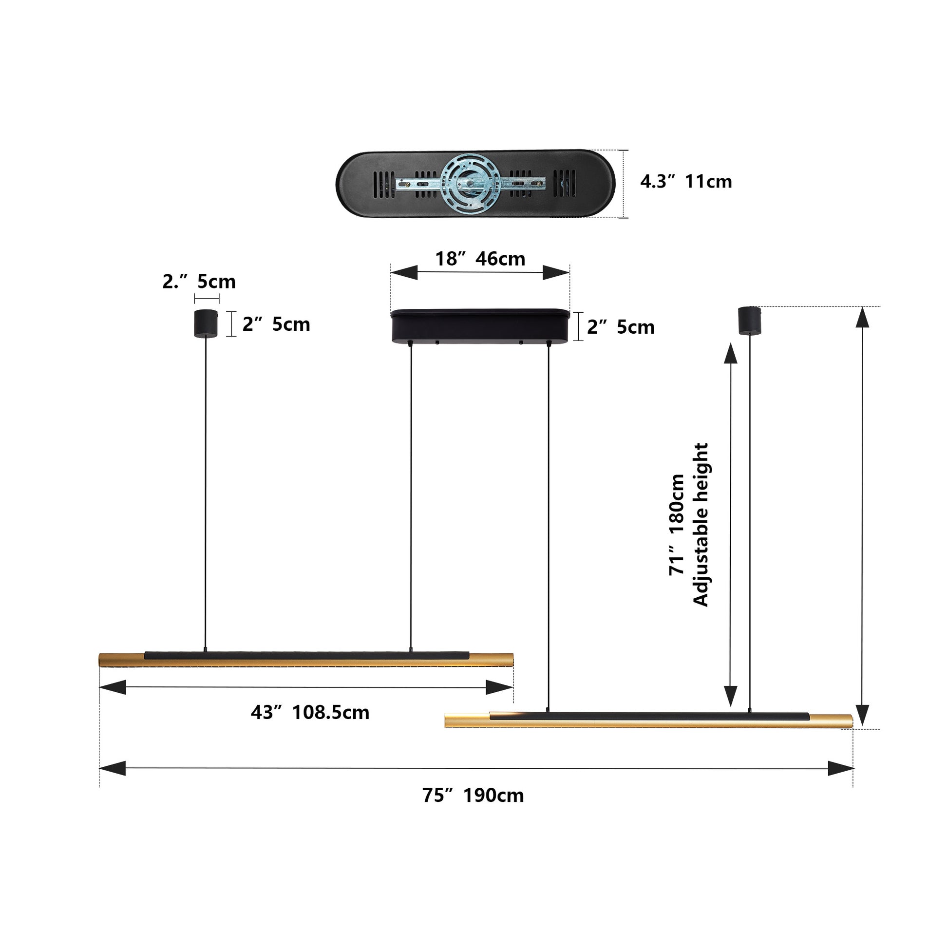 75" Black & Gold Dual Tube LED Pendant Light - view 10