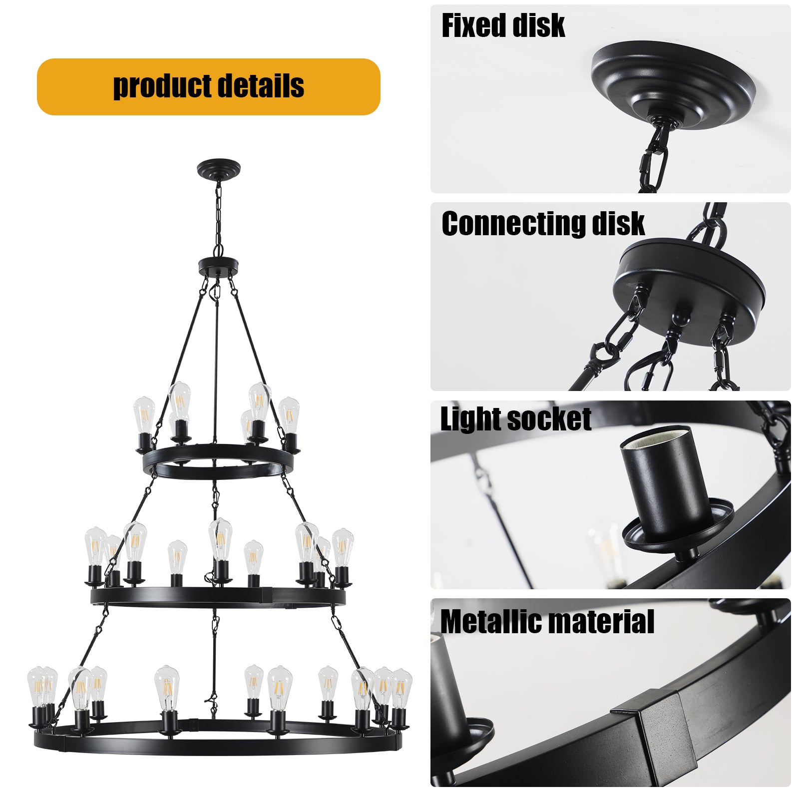 45" 3-Tier Black Industrial Pendant Light, 27-Light - view 6