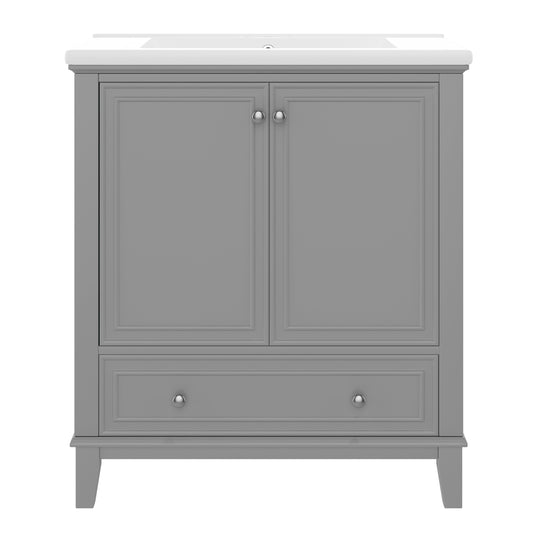 30" Gray Bathroom Vanity with Sink, 2 Doors & Bottom Drawer