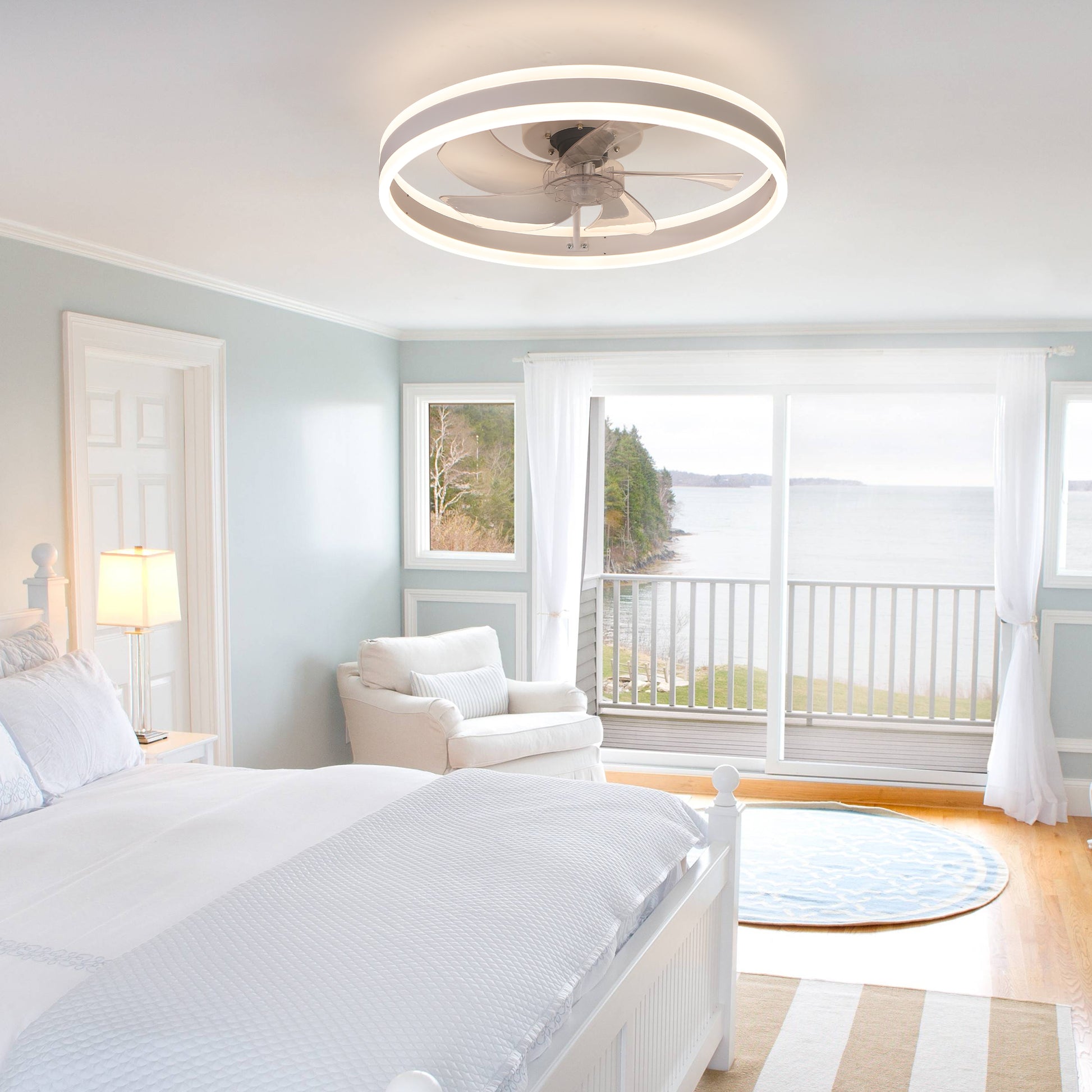 20" White Flush Mount Ceiling Fan with Dimmable LED & Remote - view 3