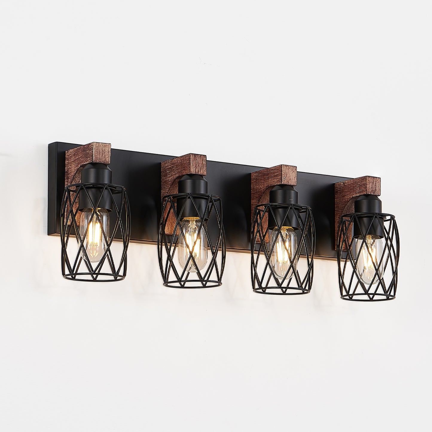 24" 4-Light Black Caged Wall Light with Wood Accents - view 10