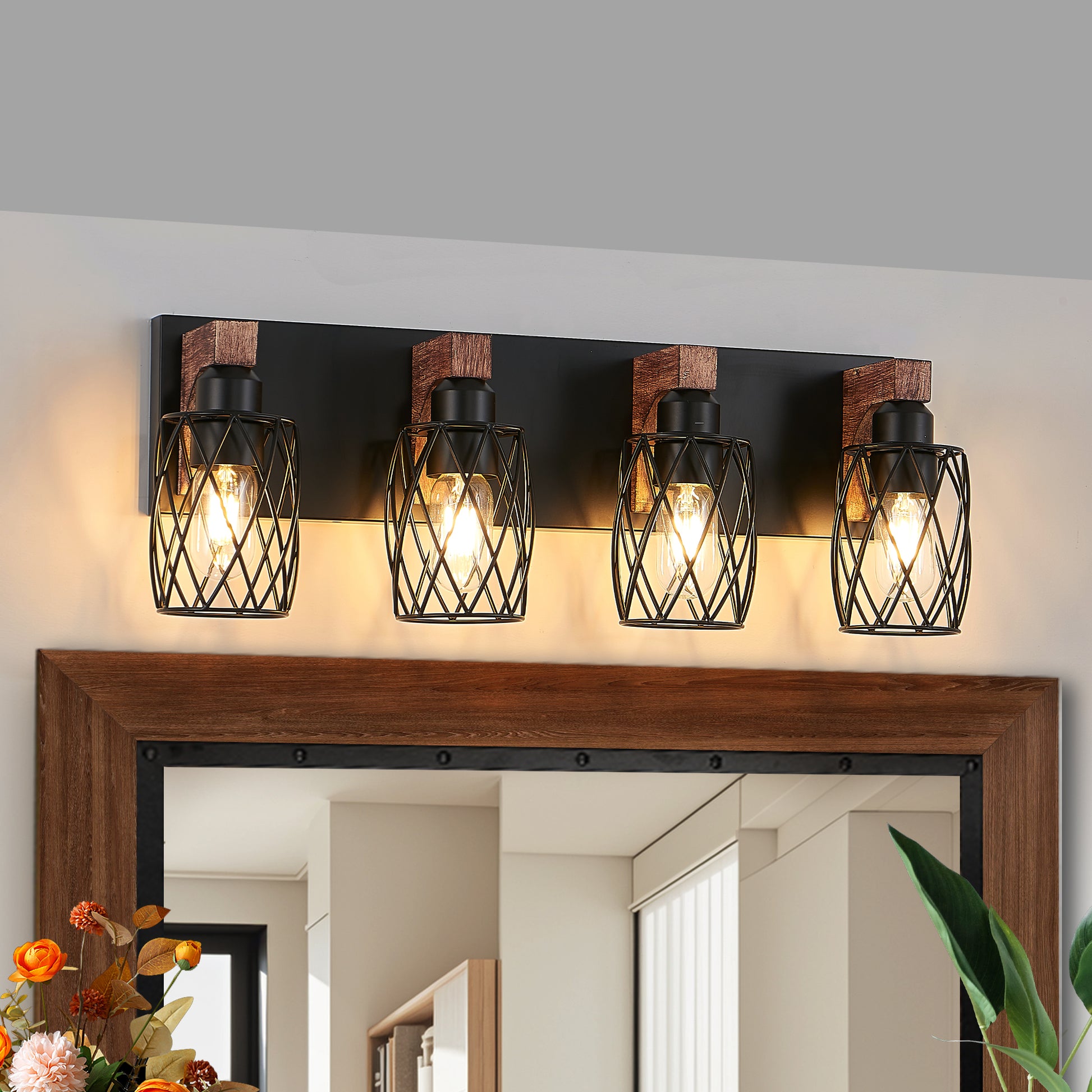 24" 4-Light Black Caged Wall Light with Wood Accents - view 5