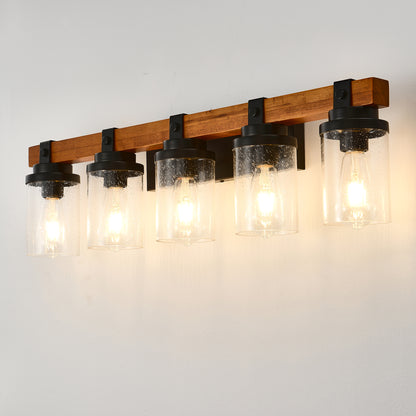 5-Light Matte Black & Wood Wall Light with Glass Shades - view 4