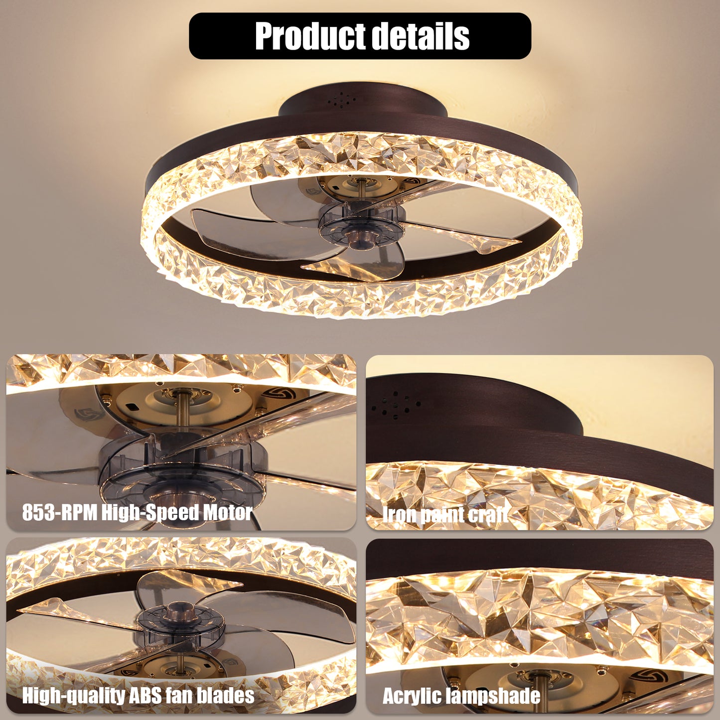 19.7" Brown Flush Mount Ceiling Fan with Dimmable LED - view 7