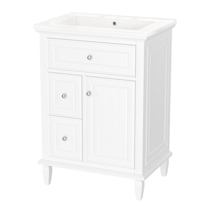 24" White Bathroom Vanity with Sink, Flip Drawer & 2 Drawers