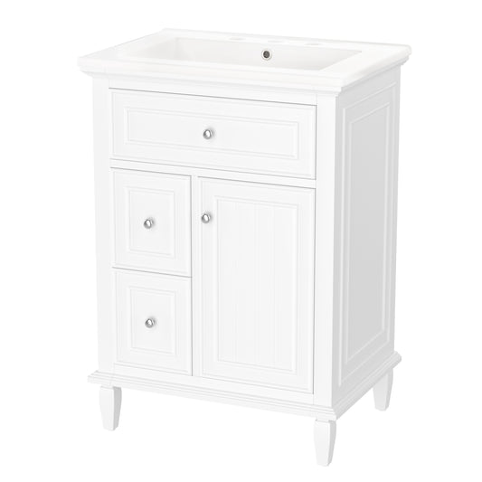24" White Bathroom Vanity with Sink, Flip Drawer & 2 Drawers