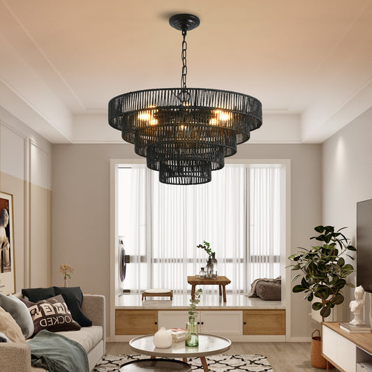 24" 5-Tier Black Hemp Rope Chandelier, 8-Light