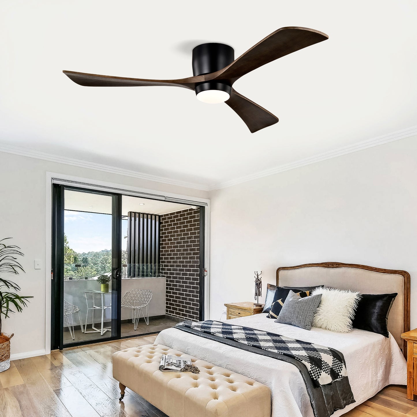 52" Matte Black Flush Mount Wood Ceiling Fan with Remote - view 5