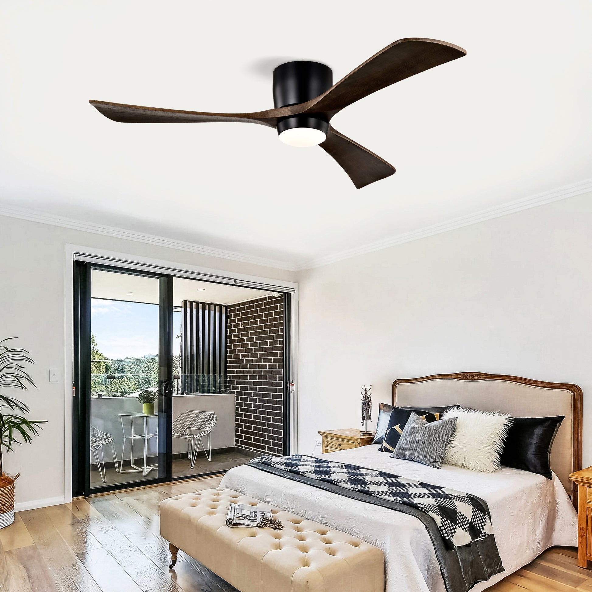52" Matte Black Flush Mount Wood Ceiling Fan with Remote - view 5
