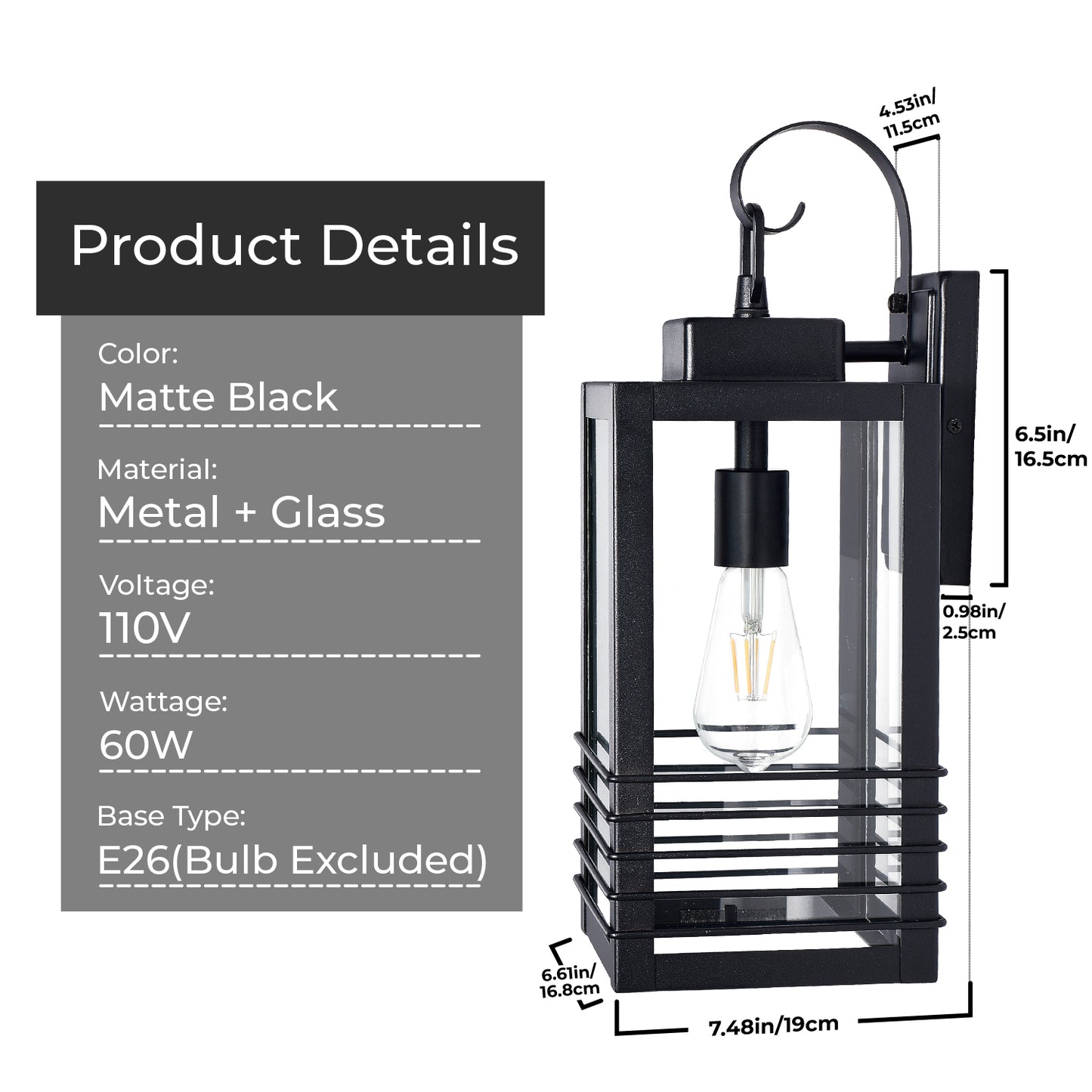 18" Matte Black Outdoor Wall Lantern with Glass Shade - view 8