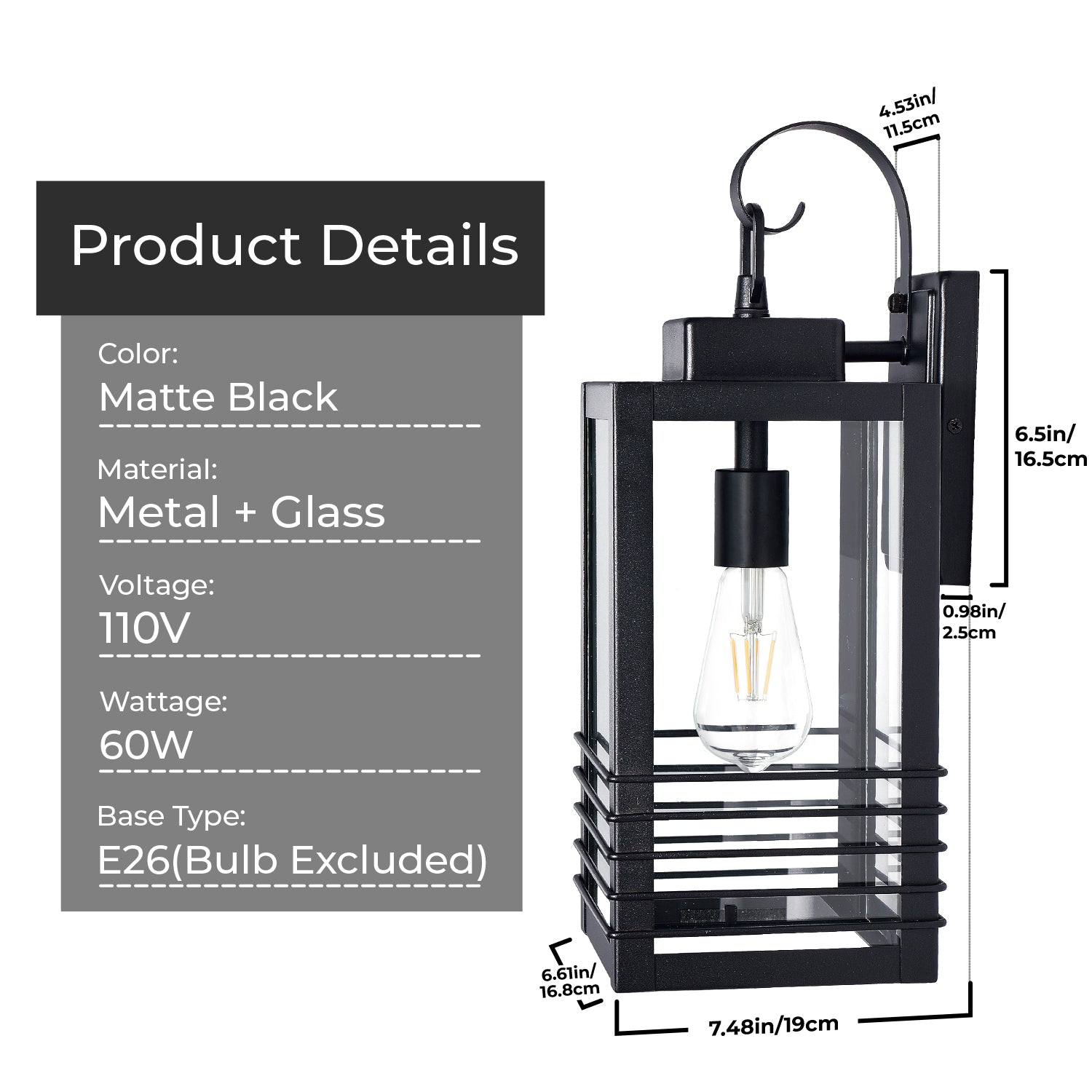 18" Matte Black Outdoor Wall Lantern with Glass Shade - view 8