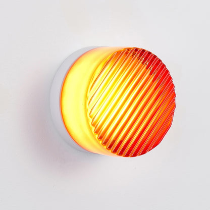 Red Round LED Wall Light with Striped Glass