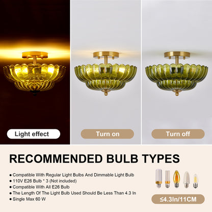 11.8" 3-Light Green Flower Glass Semi Flush Ceiling Light - view 4