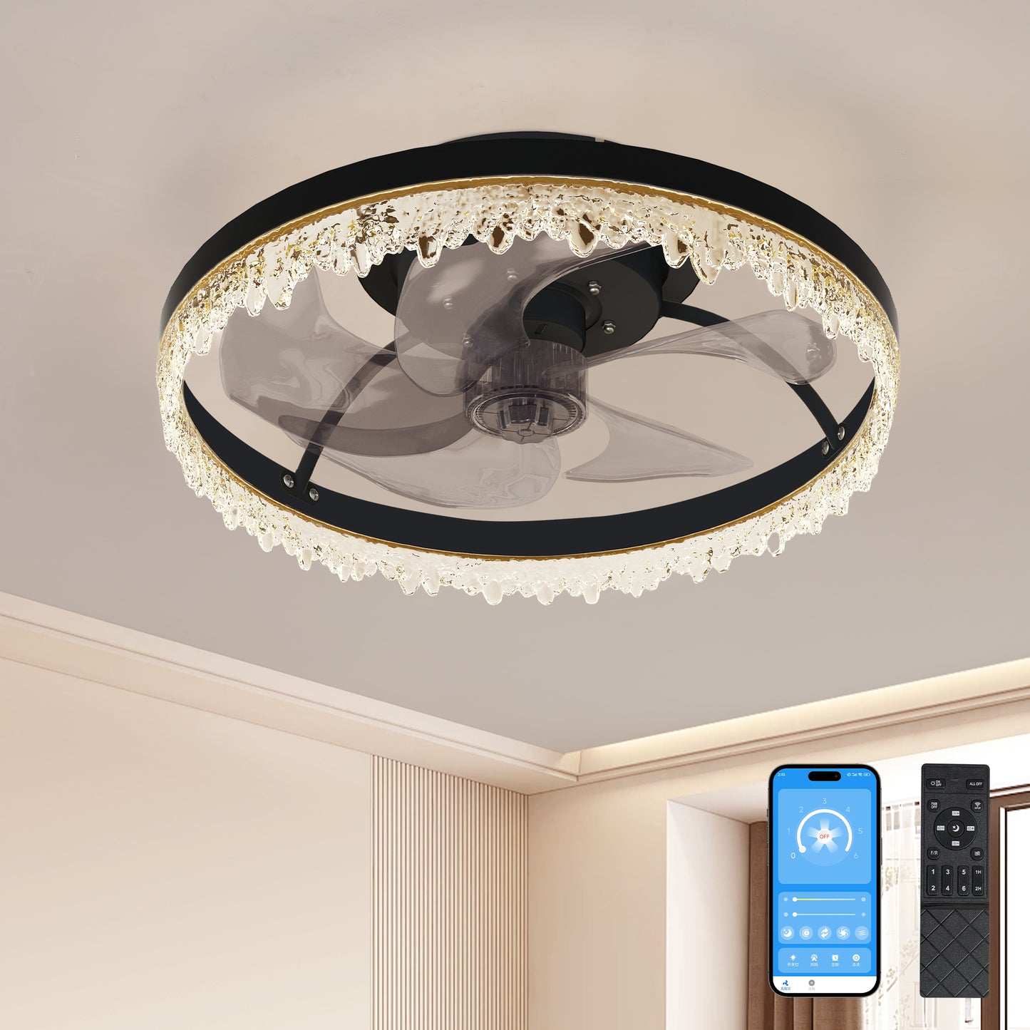 16" Black Flush Mount Ceiling Fan with Dimmable LED - view 2