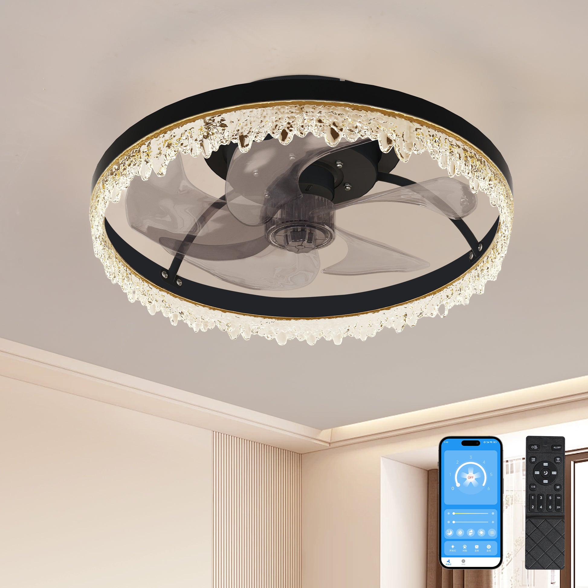 16" Black Flush Mount Ceiling Fan with Dimmable LED - view 2