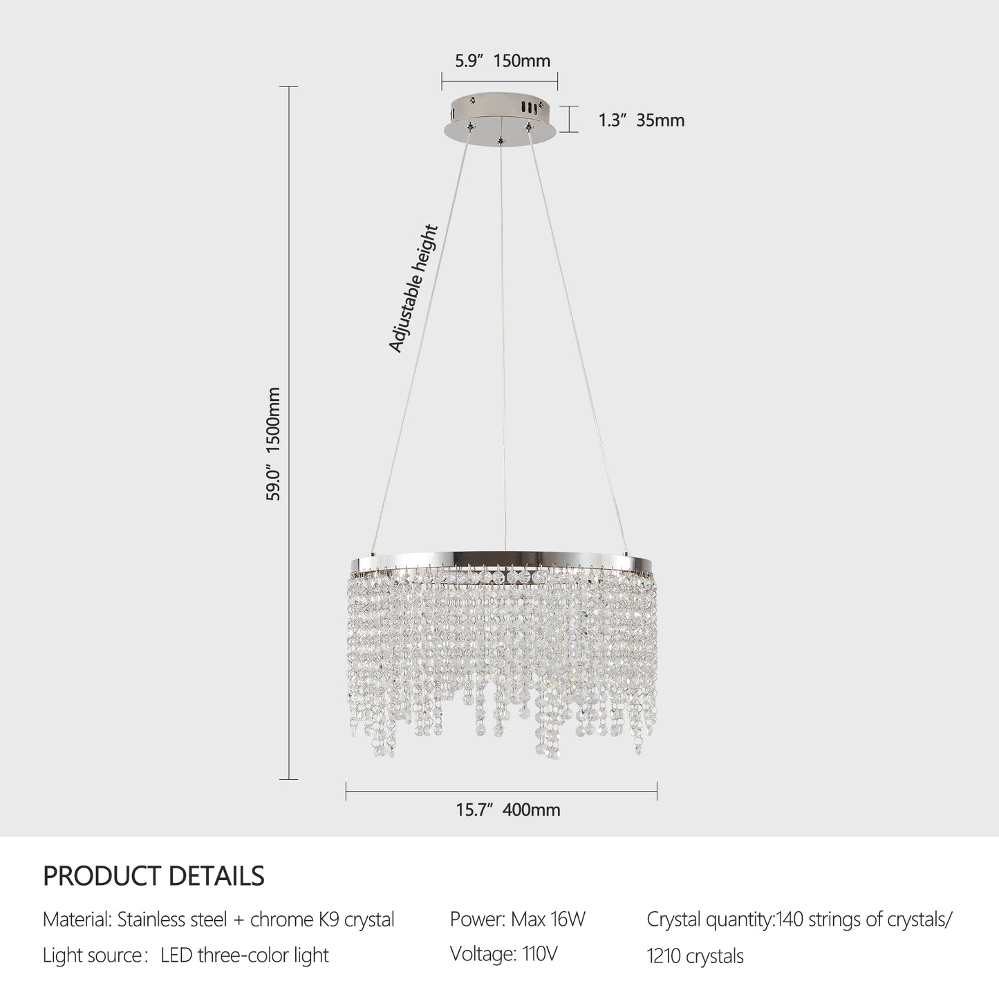 16" Luxury Chrome Crystal LED Chandelier - view 9